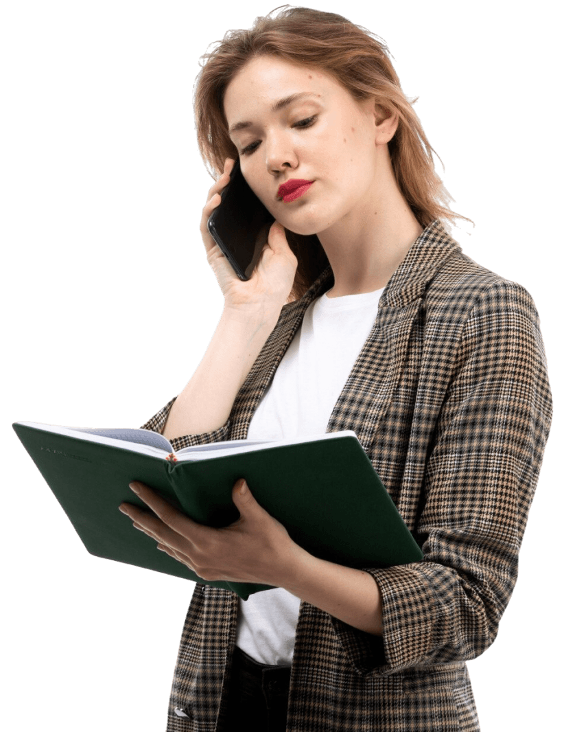Business professional on a call holding a notebook